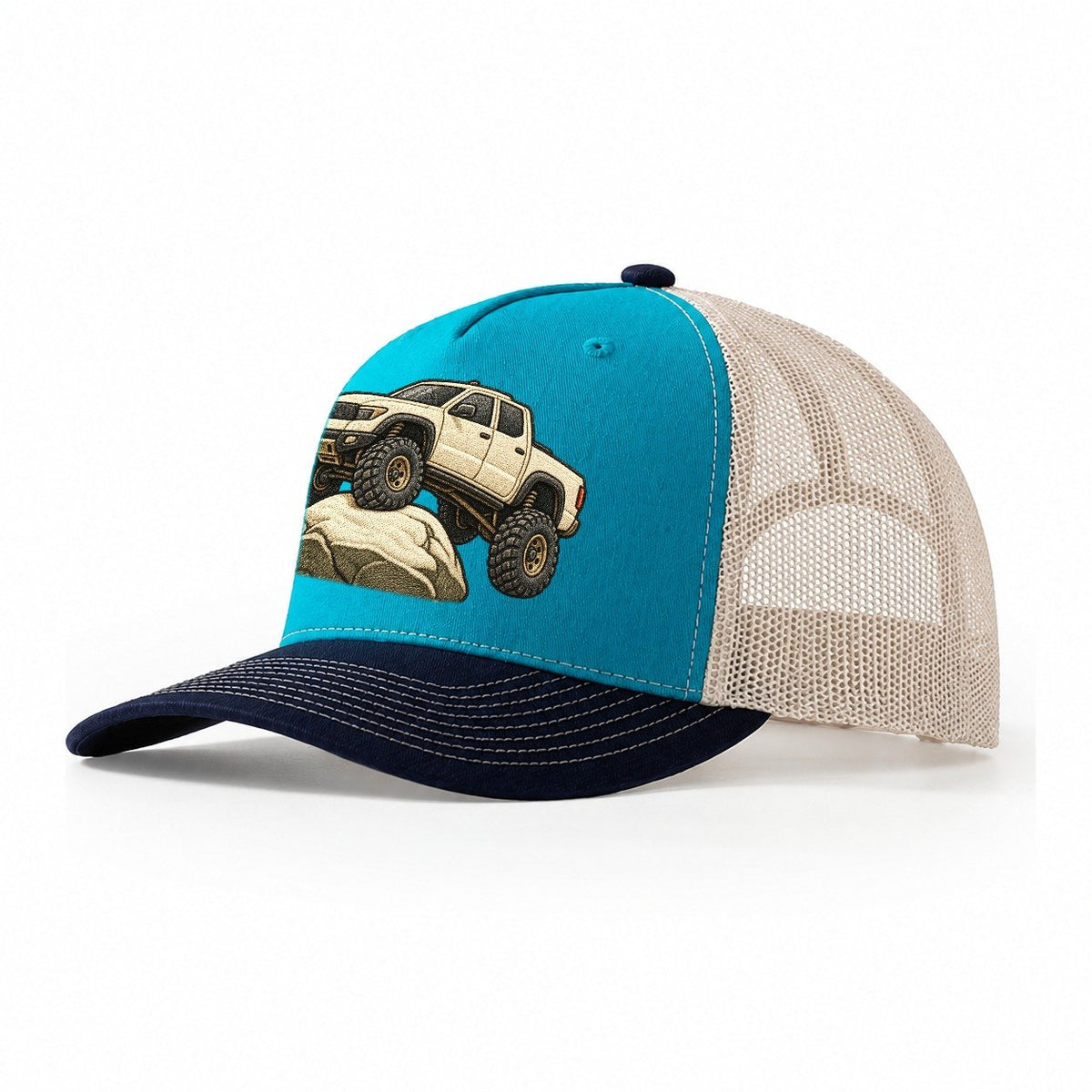 Lifted Pickup On A Boulder Off Roading And Overlanding Trucker Hat – Teal Navy
