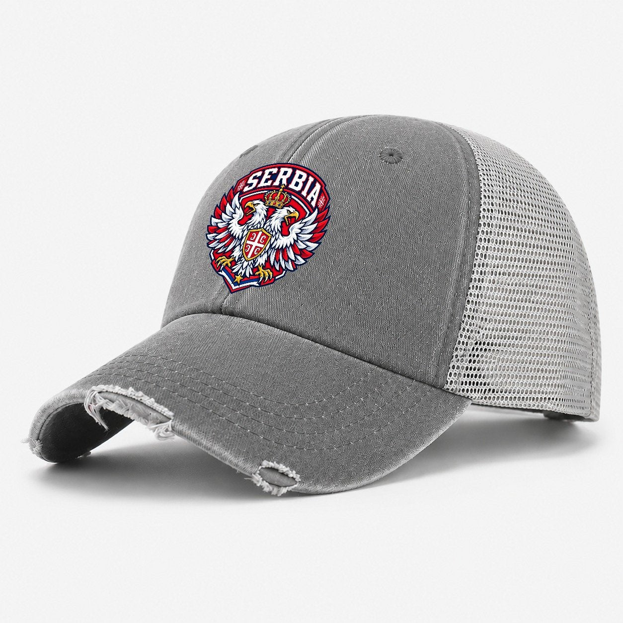 Serbia Retro Badge Country Logos Washed Trucker Hat – Grey