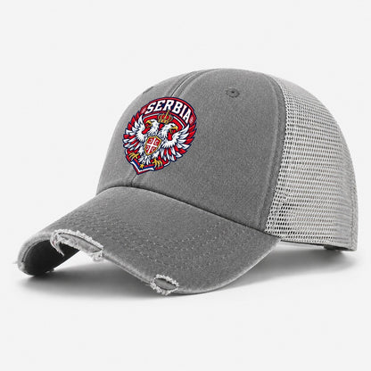 Serbia Retro Badge Country Logos Washed Trucker Hat – Grey
