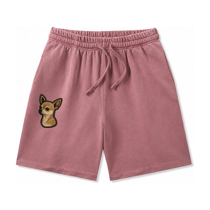 Chihuahua Modern Tiny Dog Logo With Bold Black Outline Washed Shorts – Burgundy