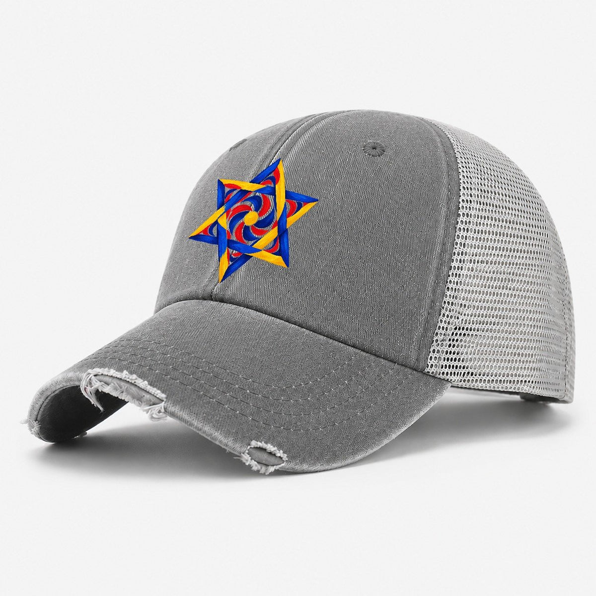 Bauhaus Geometric Star of David Washed Trucker Hat – Grey