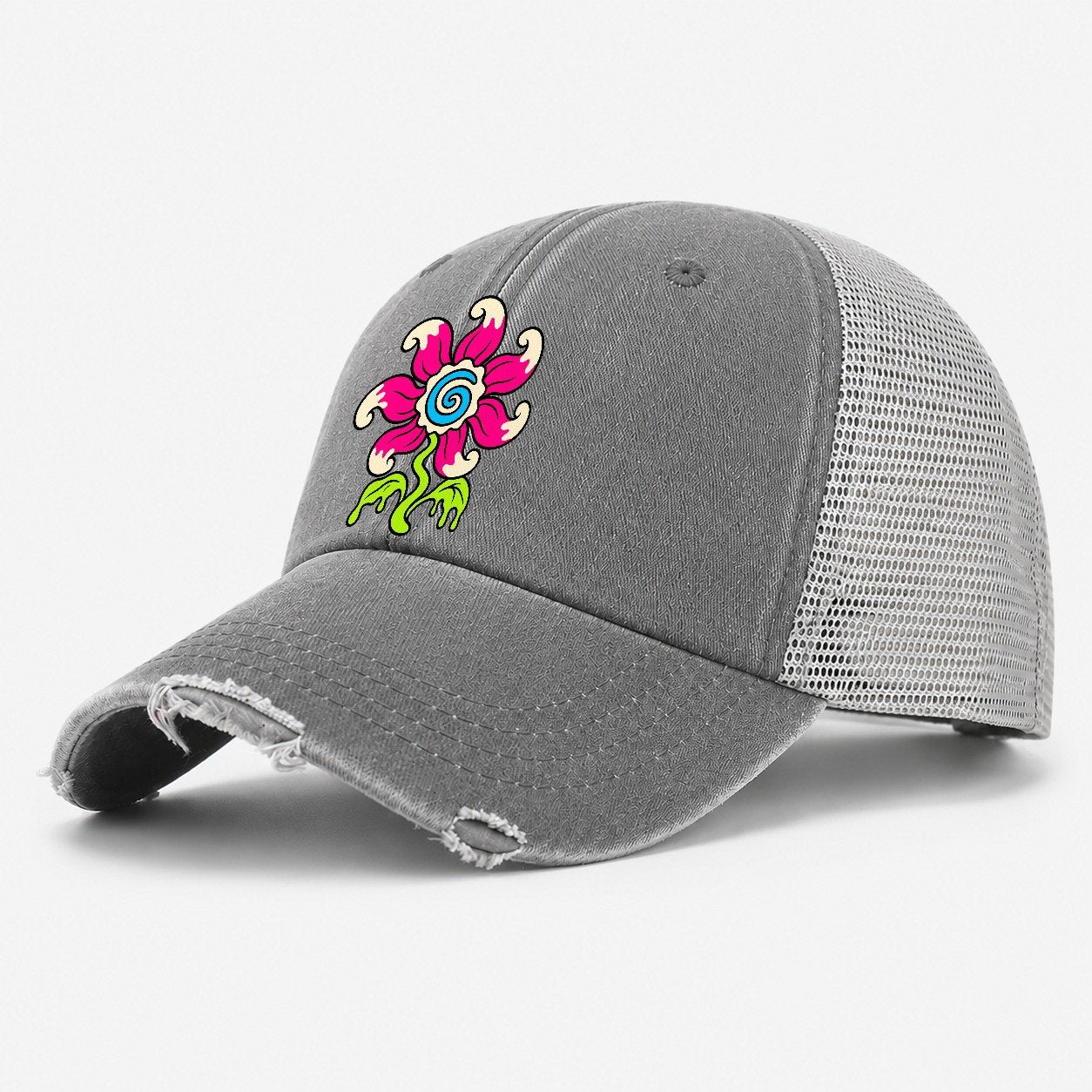 Swirl Tongue Flower Crazy Styles Washed Trucker Hat – Grey