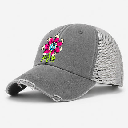 Swirl Tongue Flower Crazy Styles Washed Trucker Hat – Grey