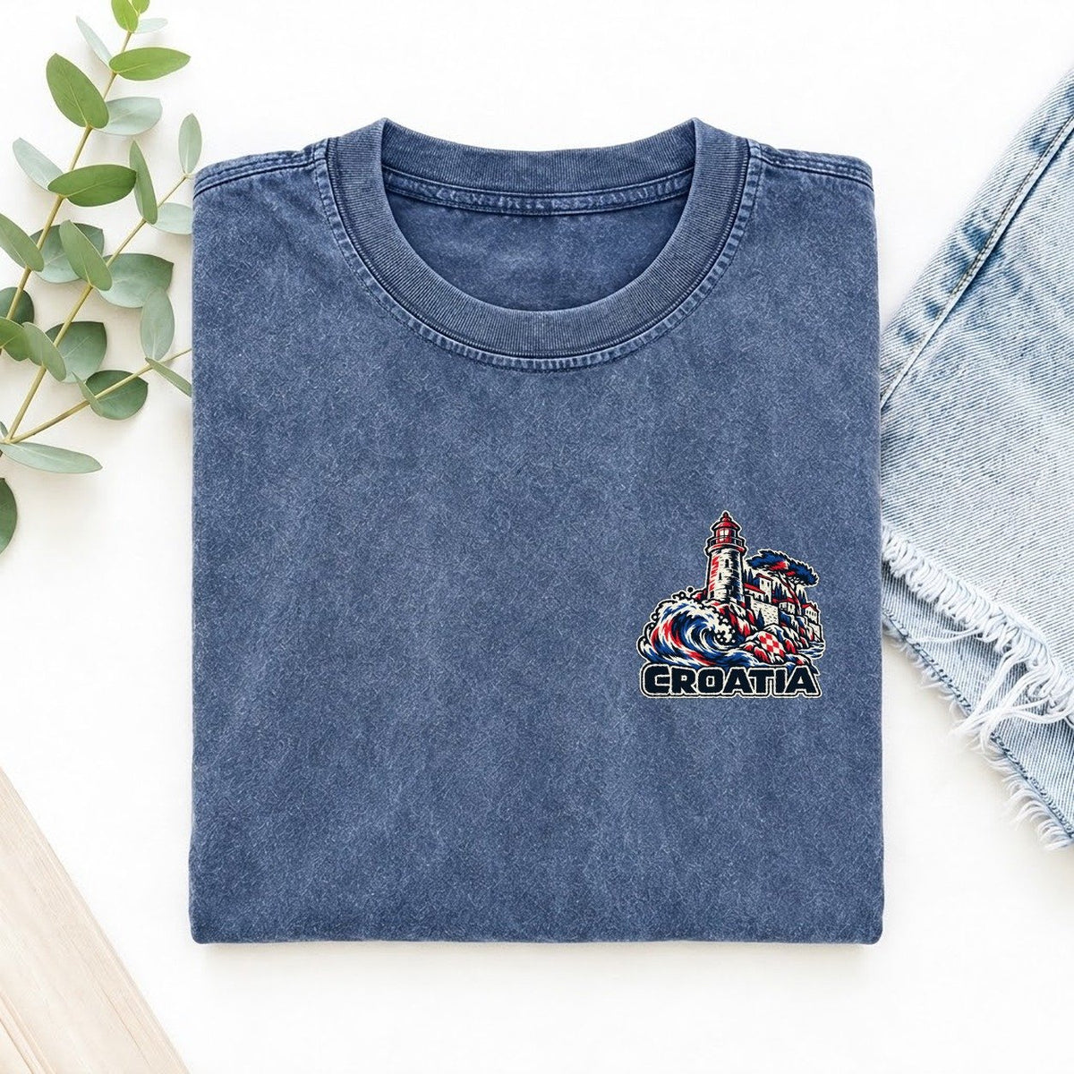 Croatia Country Pride Left Chest Vintage T-shirt – Washed Blue