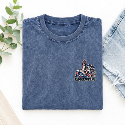 Croatia Country Pride Left Chest Vintage T-shirt – Washed Blue
