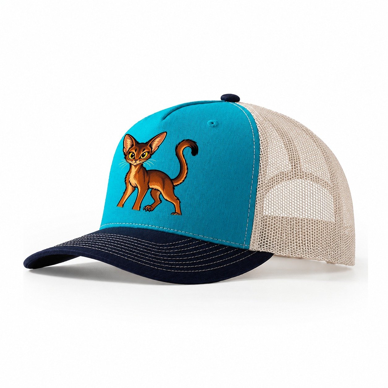 Abyssinian Alert Peeking Cats Trucker Hat – Teal Navy