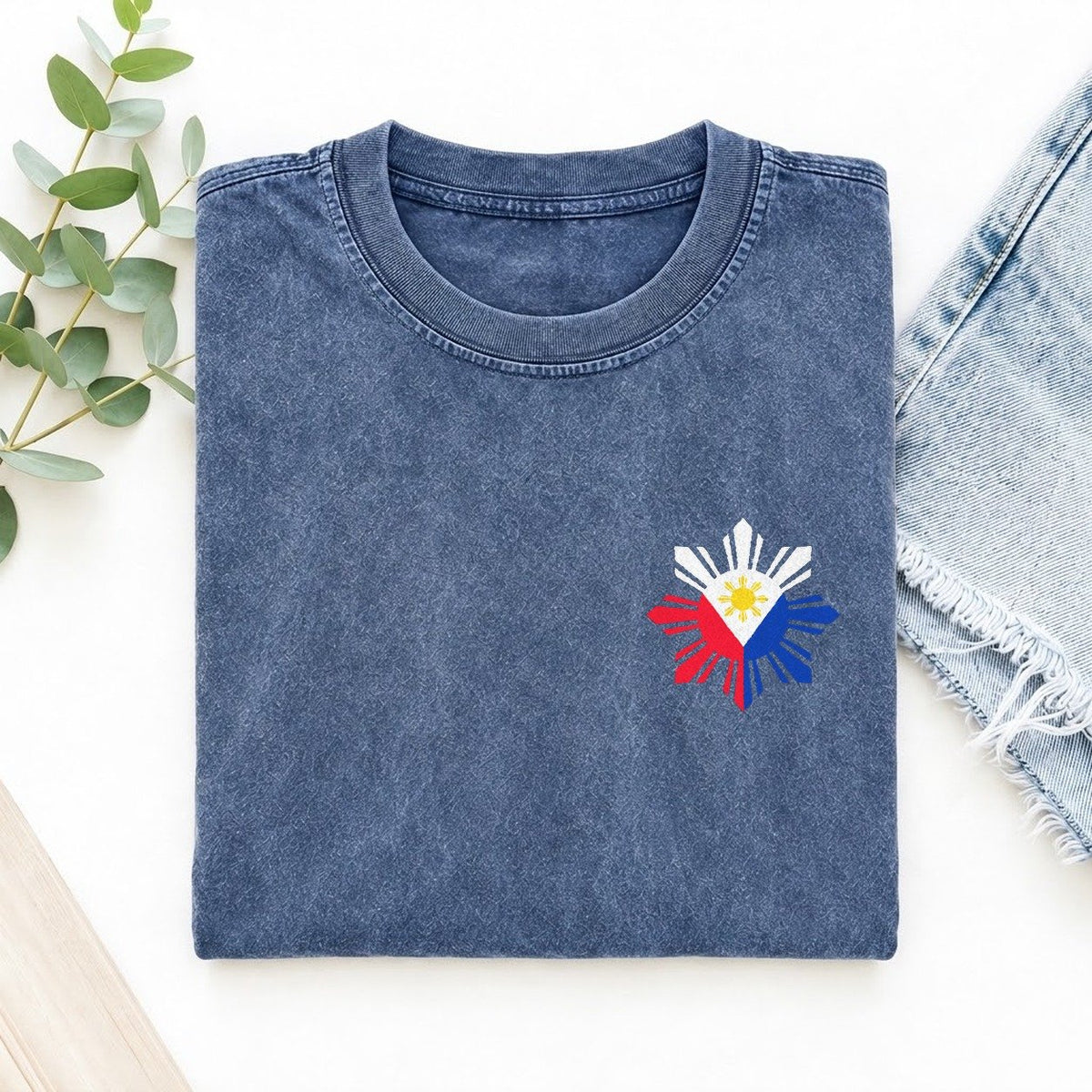 Philippines Sun and Stars Left Chest Vintage T-shirt – Washed Blue