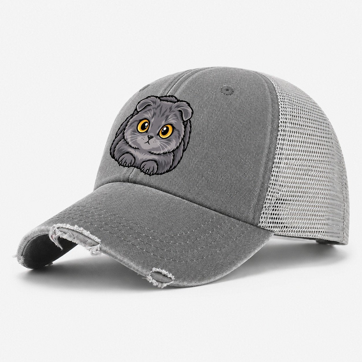 Scottish Fold Loaf Peeking Cats Washed Trucker Hat – Grey