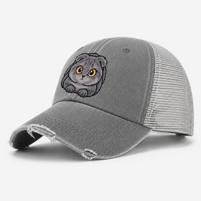 Scottish Fold Loaf Peeking Cats Washed Trucker Hat – Grey