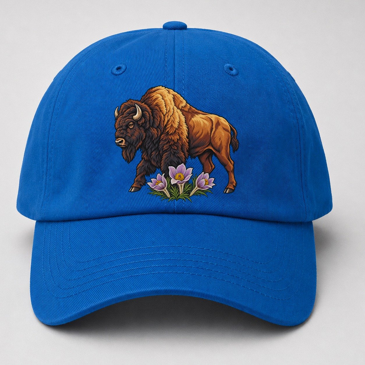 Wood Bison And Prairie Crocus Canada Cultural Icons Baseball Cap – Blue