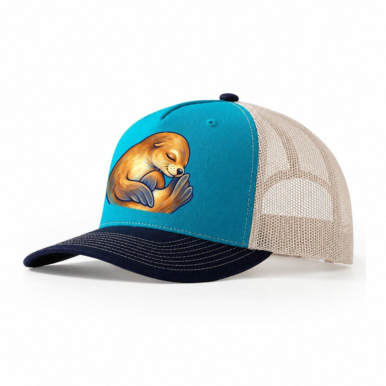 Sea Lion Curled Nap Sea Sprite Trucker Hat – Teal Navy