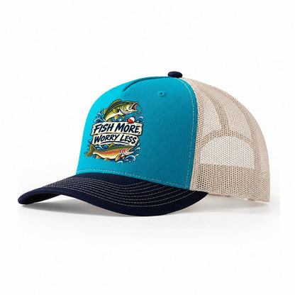 Fish More Worry Less Fishing Elegant Trucker Hat – Teal Navy