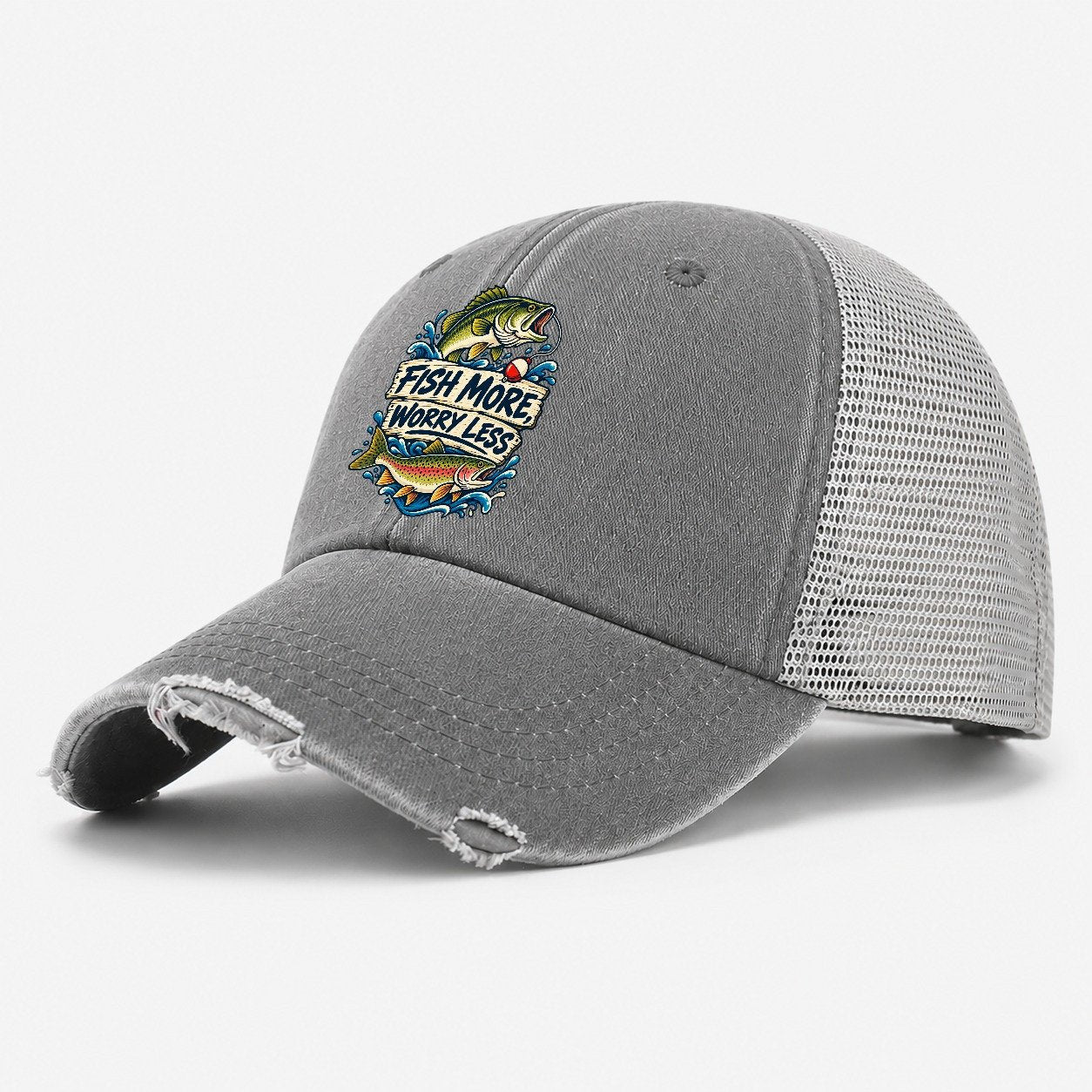 Fish More Worry Less Fishing Elegant Washed Trucker Hat – Grey