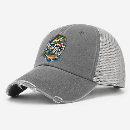 Fish More Worry Less Fishing Elegant Washed Trucker Hat – Grey