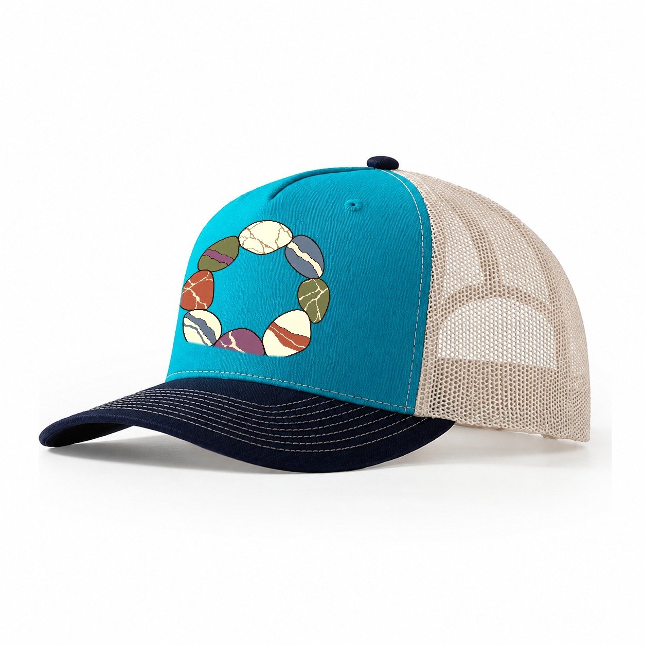 Tumbled Stone Colour Wheel Rocks And Minerals Trucker Hat – Teal Navy