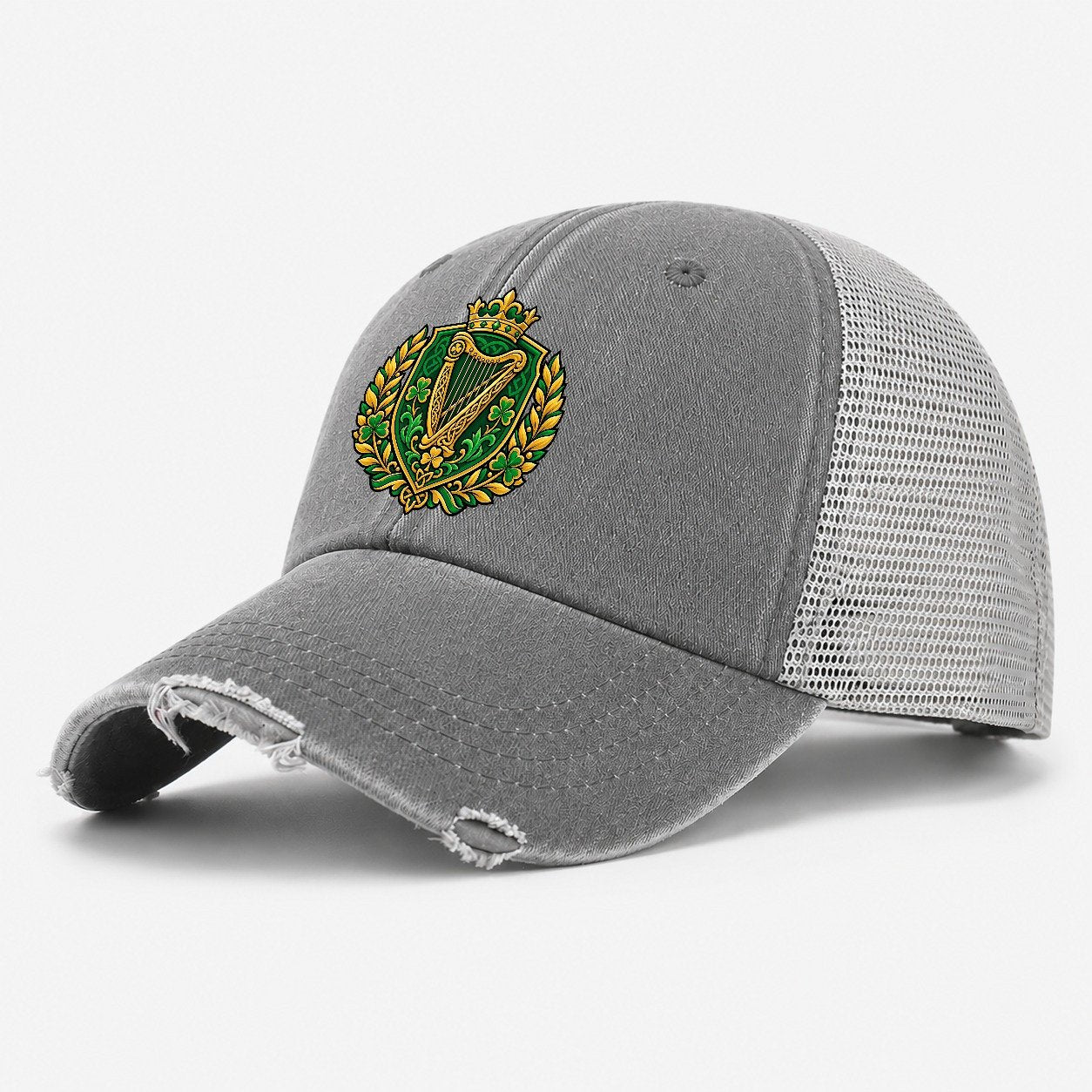 Ireland Heraldic Crest Country Logos Washed Trucker Hat – Grey