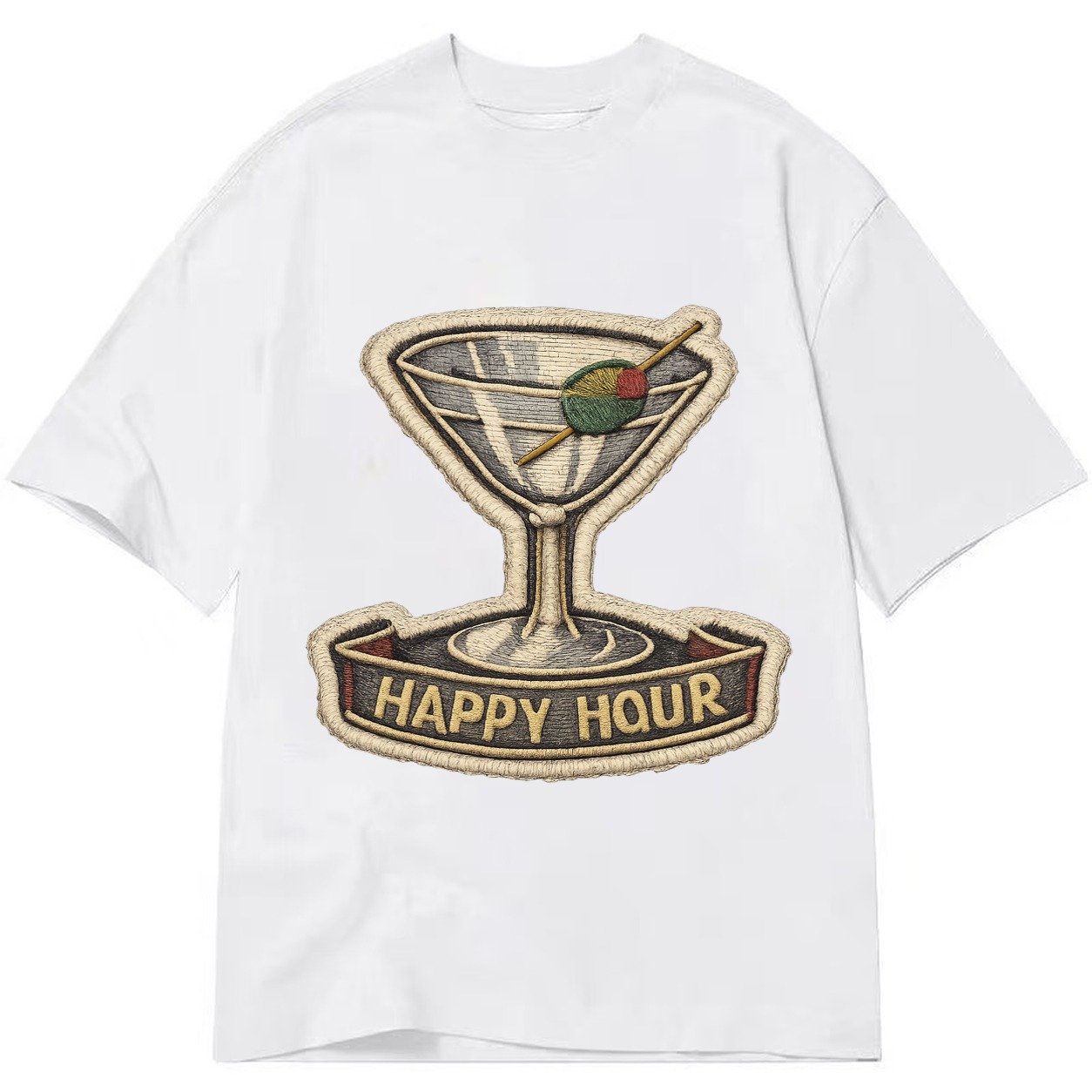 Embroidered Patch Design Cocktail Martini Martini Glass With Classic T-shirt – White