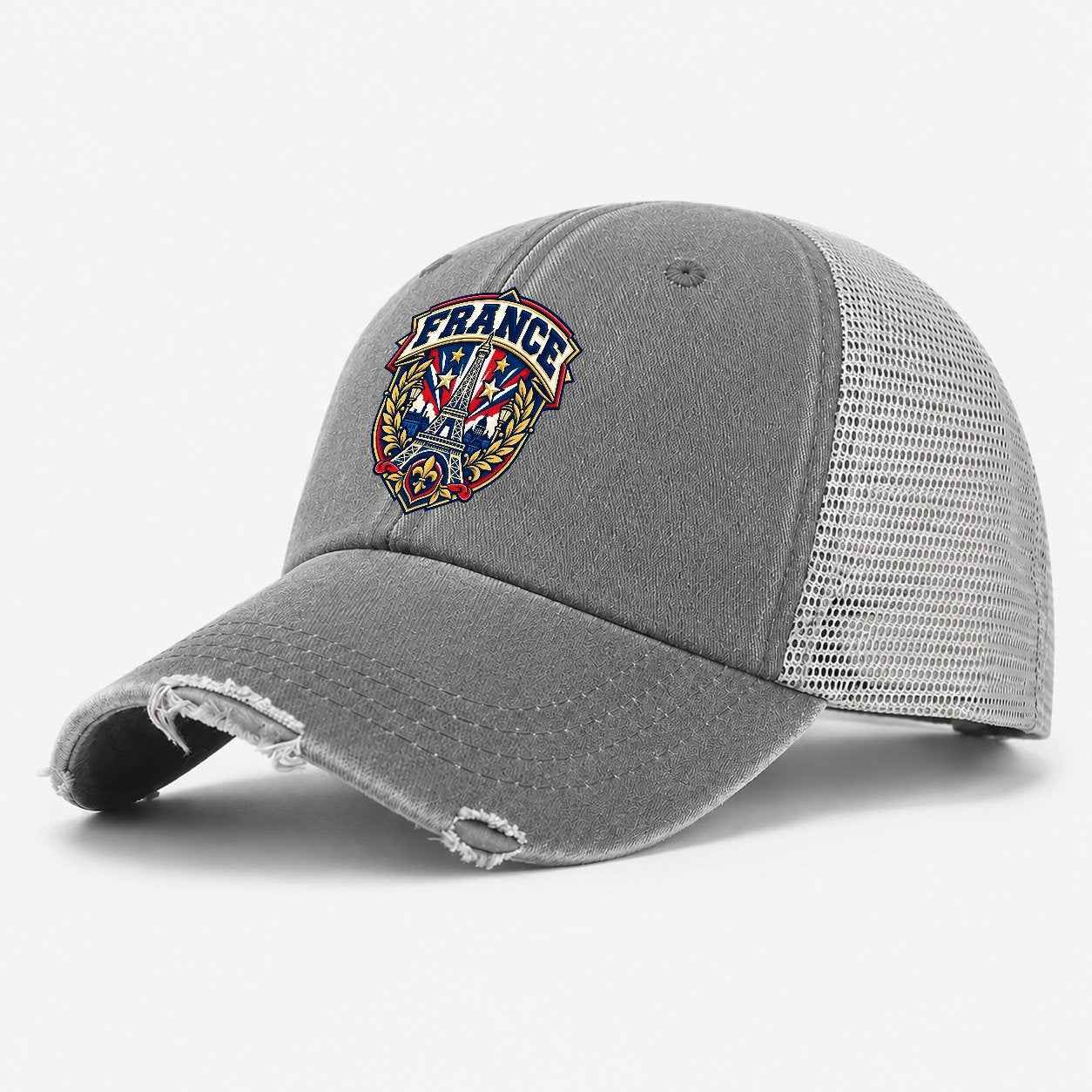 France Retro Badge Country Logos Washed Trucker Hat – Grey