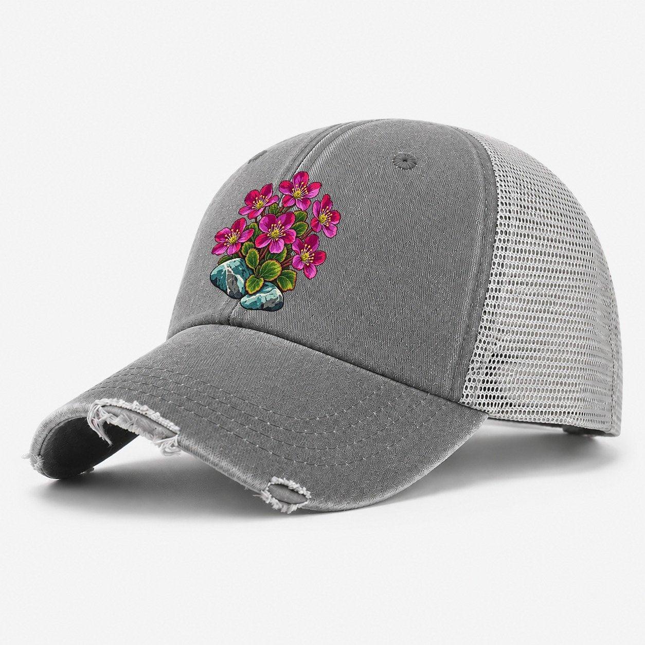 Nunavut Purple Saxifrage Canada Cultural Icons Washed Trucker Hat – Grey