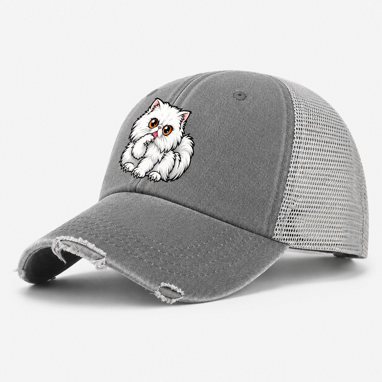 White Persian Grooming Peeking Cats Washed Trucker Hat – Grey