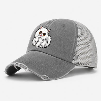 White Persian Grooming Peeking Cats Washed Trucker Hat – Grey
