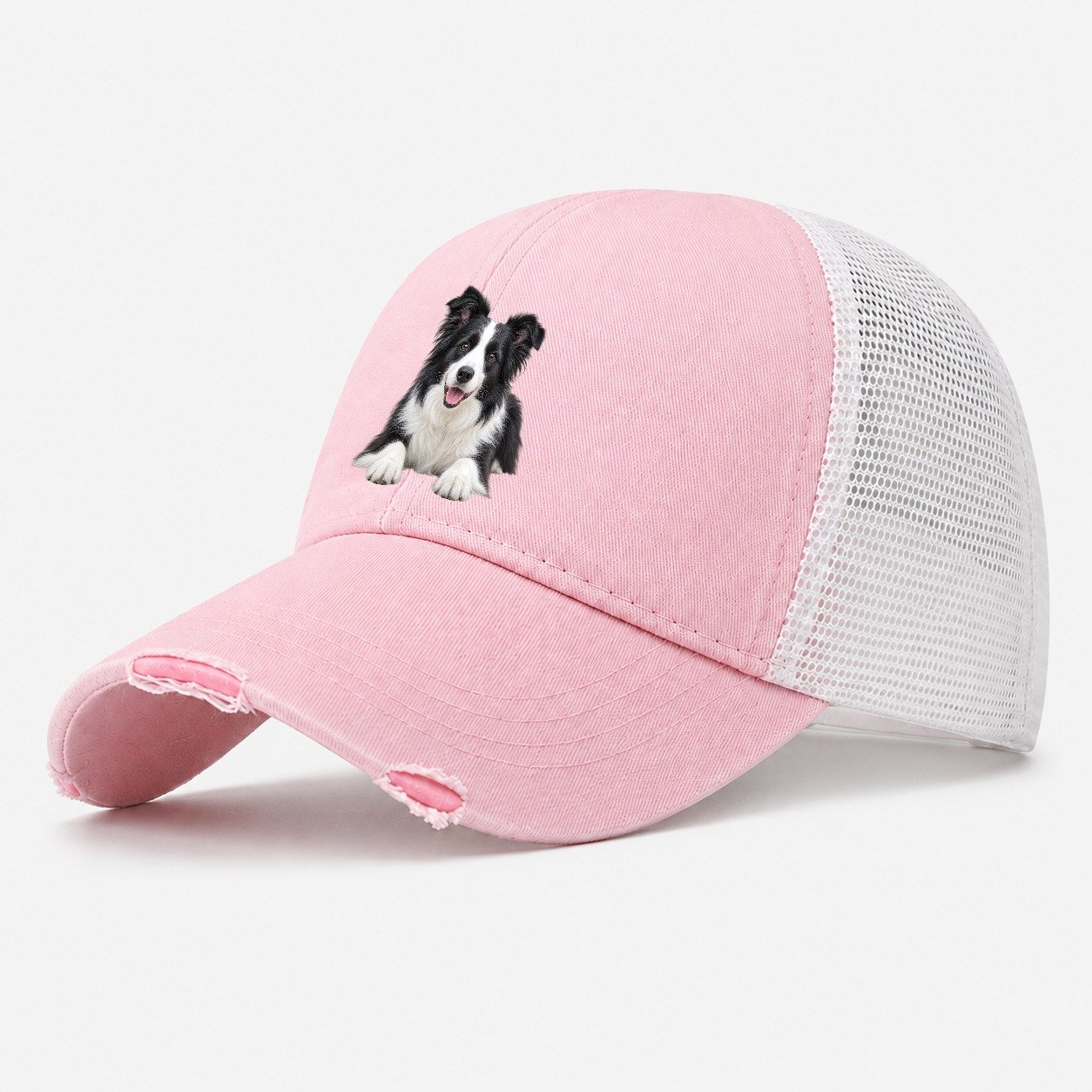 Border Collie Lying Down Top Breeds Washed Trucker Hat – Light Pink