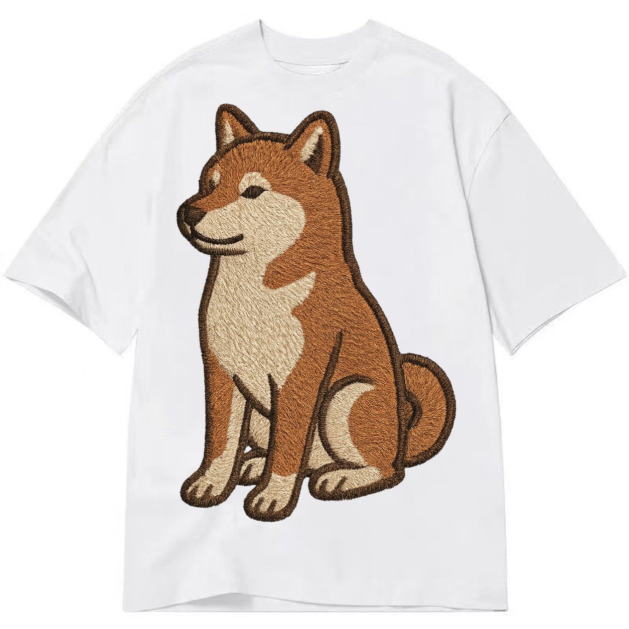 Shiba Inu Red Sesame Embroidered Sitting Pose Classic T-shirt – White