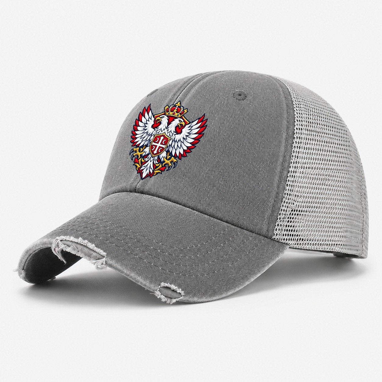 Serbia Minimal Emblem Country Logos Washed Trucker Hat – Grey