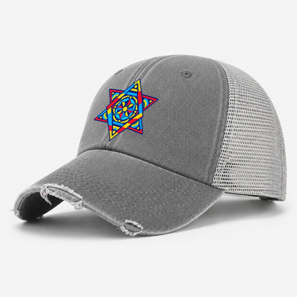Pixel Art Star of David Washed Trucker Hat – Grey