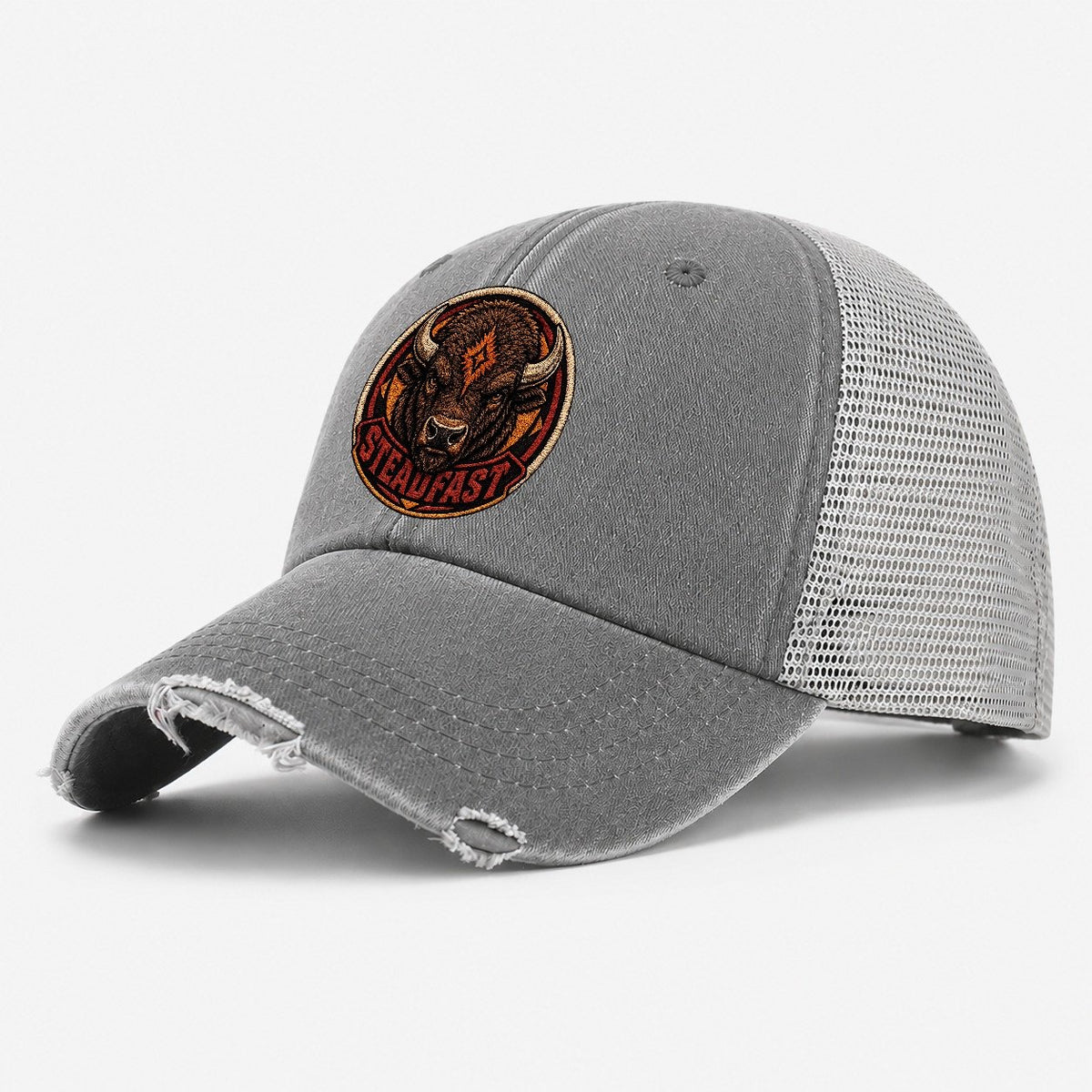 Bison Steadfast Badge Washed Trucker Hat – Grey