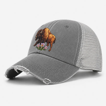 Wood Bison And Prairie Crocus Canada Cultural Icons Washed Trucker Hat – Grey
