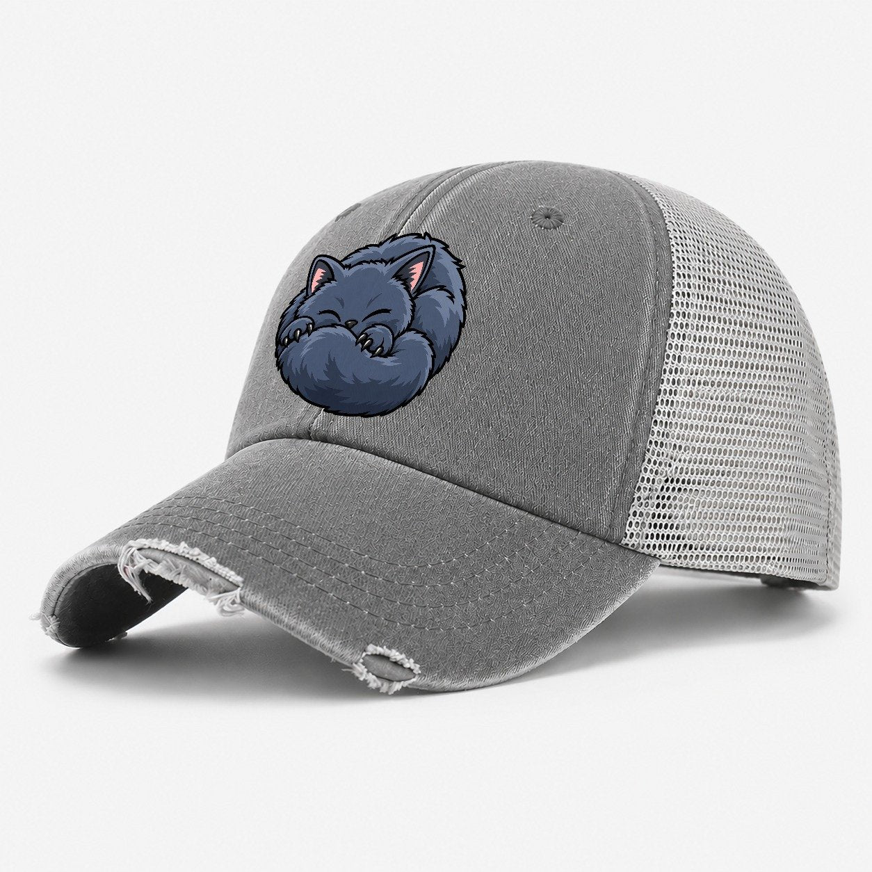 British Shorthair Sleeping Peeking Cats Washed Trucker Hat – Grey