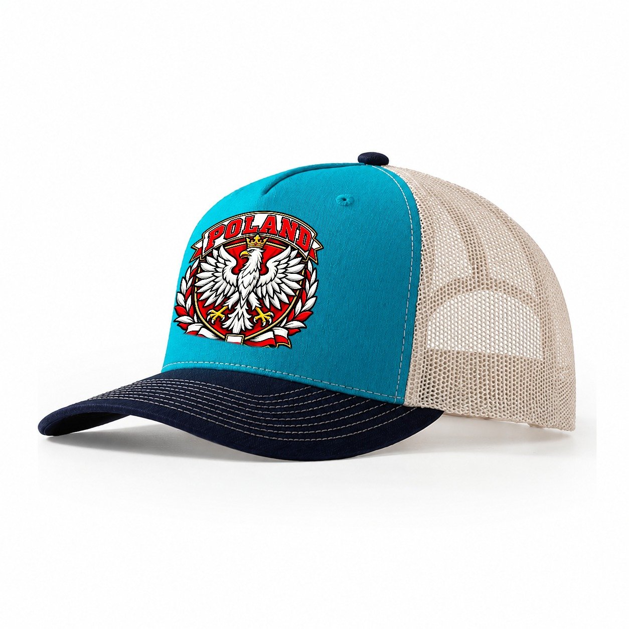 Poland Retro Badge Country Logos Trucker Hat – Teal Navy