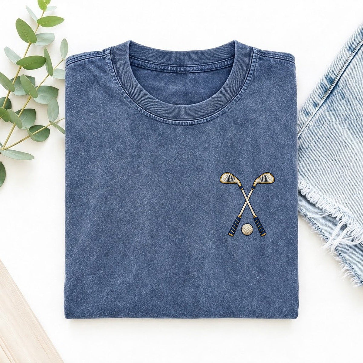 Golf Clubs Symbol Emblems Left Chest Vintage T-shirt – Washed Blue
