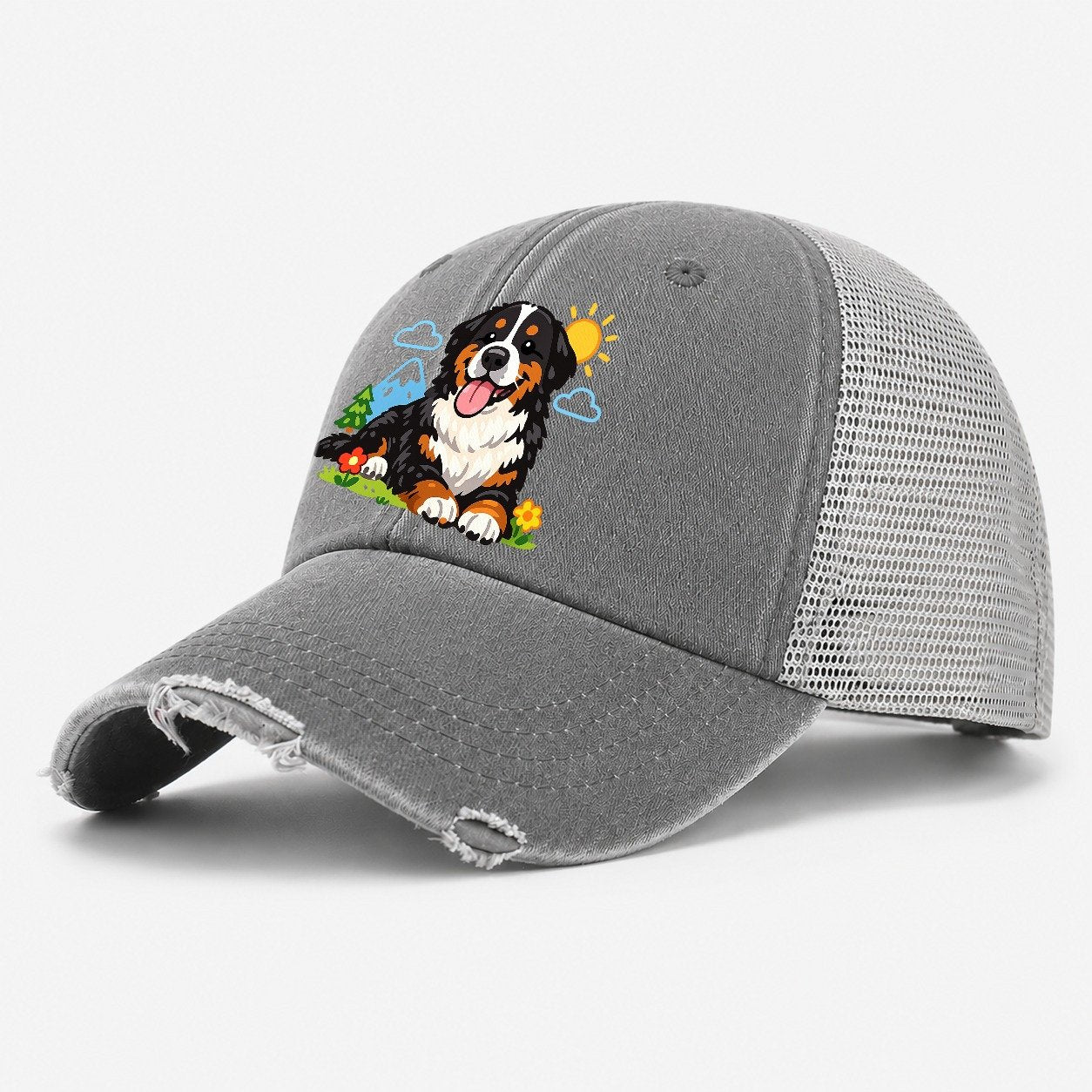 Bernese Mountain Dog Washed Trucker Hat – Grey