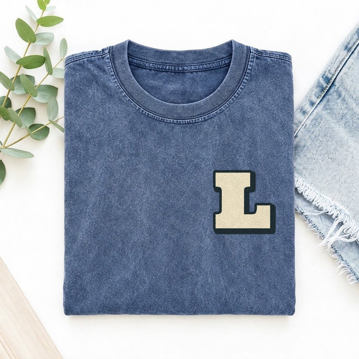 Initial L Left Chest Vintage T-shirt – Washed Blue