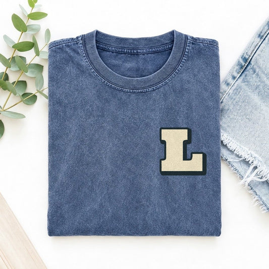 Initial L Left Chest Vintage T-shirt – Washed Blue