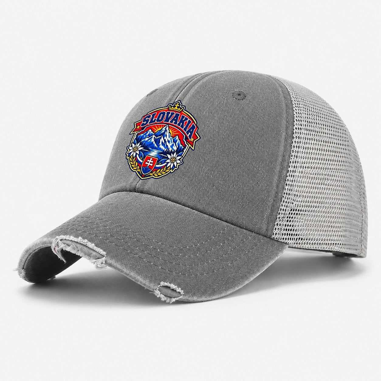 Slovakia Retro Badge Country Logos Washed Trucker Hat – Grey
