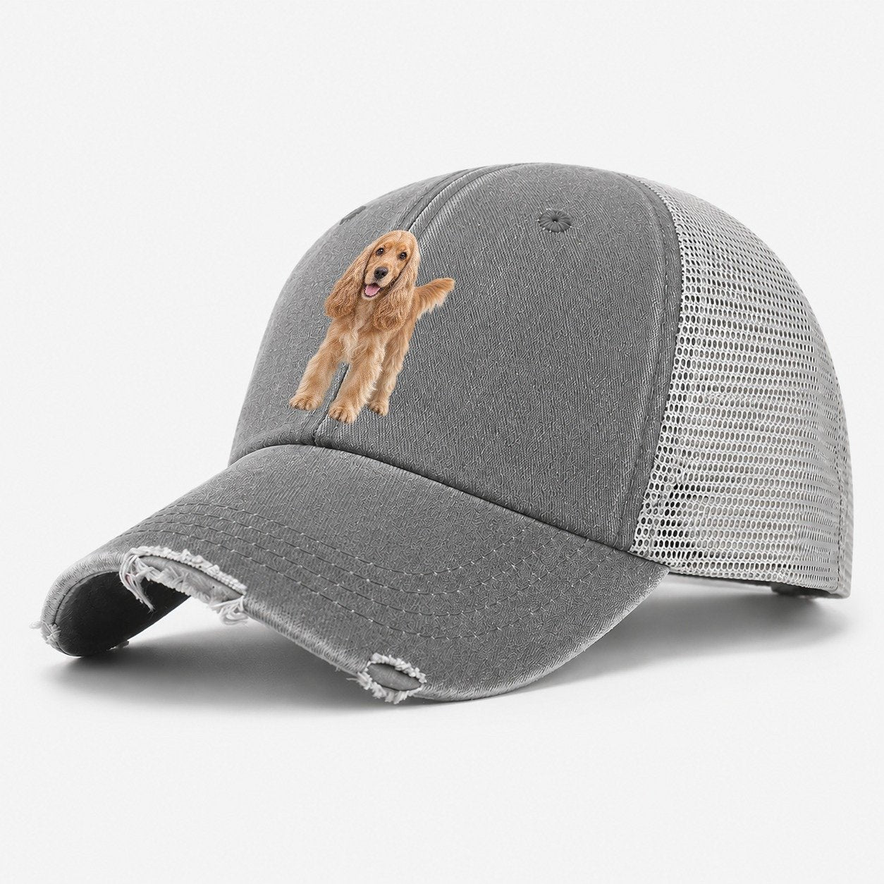 Cocker Spaniel Standing Top Breeds Washed Trucker Hat – Grey