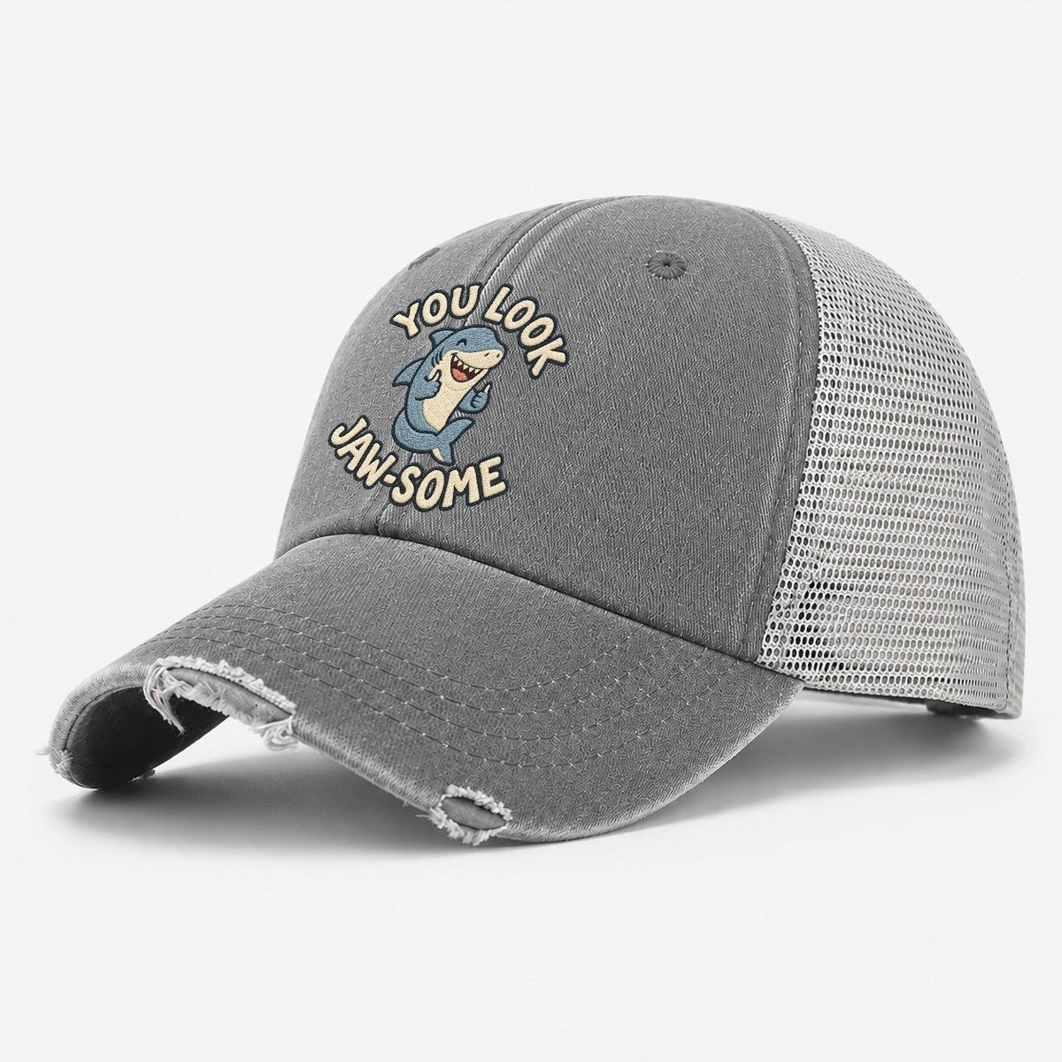 Shark Animal Puns Washed Trucker Hat – Grey