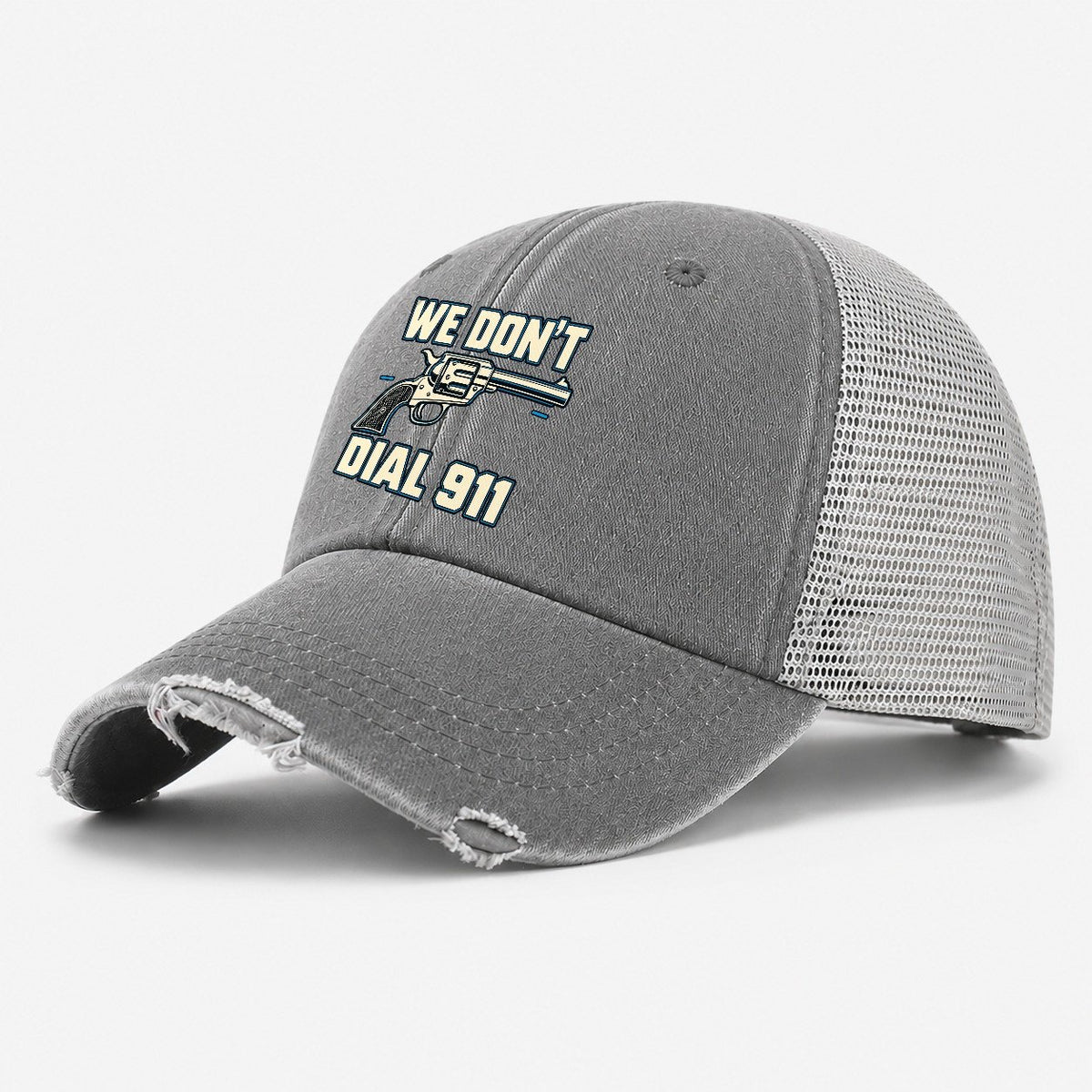 Technical Grid We Don't Dial 911 Washed Trucker Hat – Grey