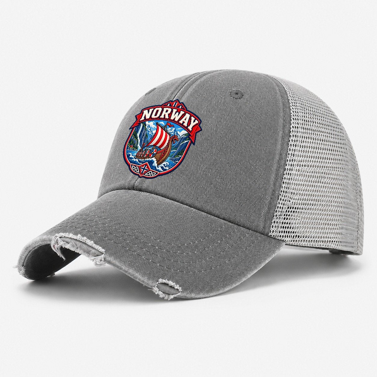 Norway Retro Badge Country Logos Washed Trucker Hat – Grey