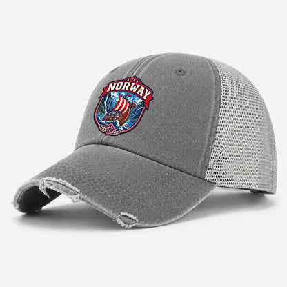 Norway Retro Badge Country Logos Washed Trucker Hat – Grey