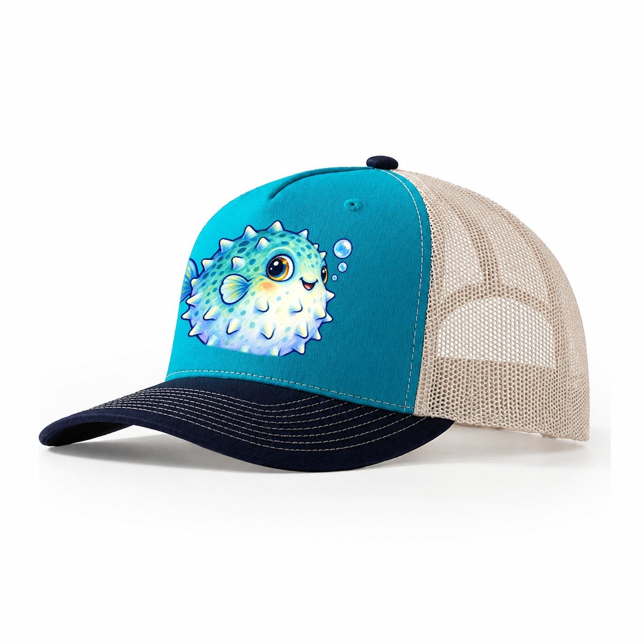 Pufferfish Side Puff Sea Sprite Trucker Hat – Teal Navy