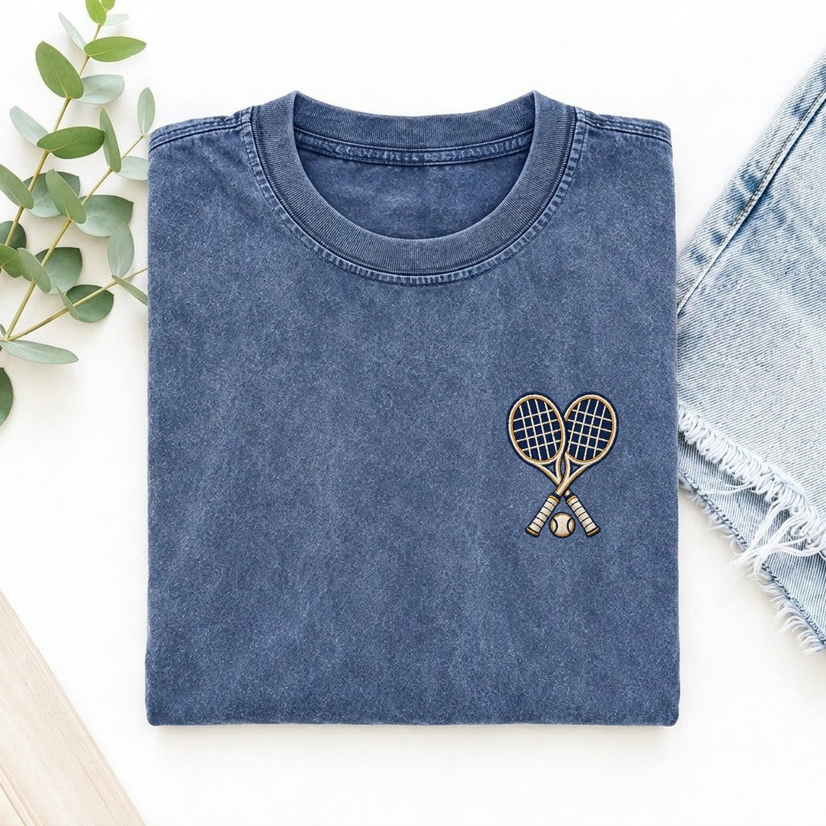 Tennis Rackets Symbol Emblems Left Chest Vintage T-shirt – Washed Blue