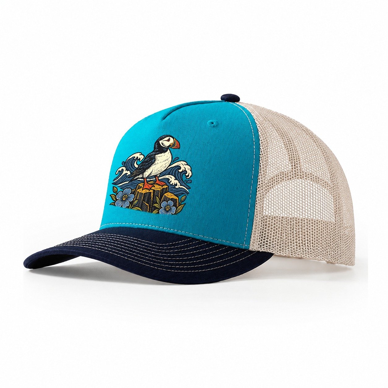 Causeway Coast Puffin And Flax Flowers Uk Culture Heritage Trucker Hat – Teal Navy