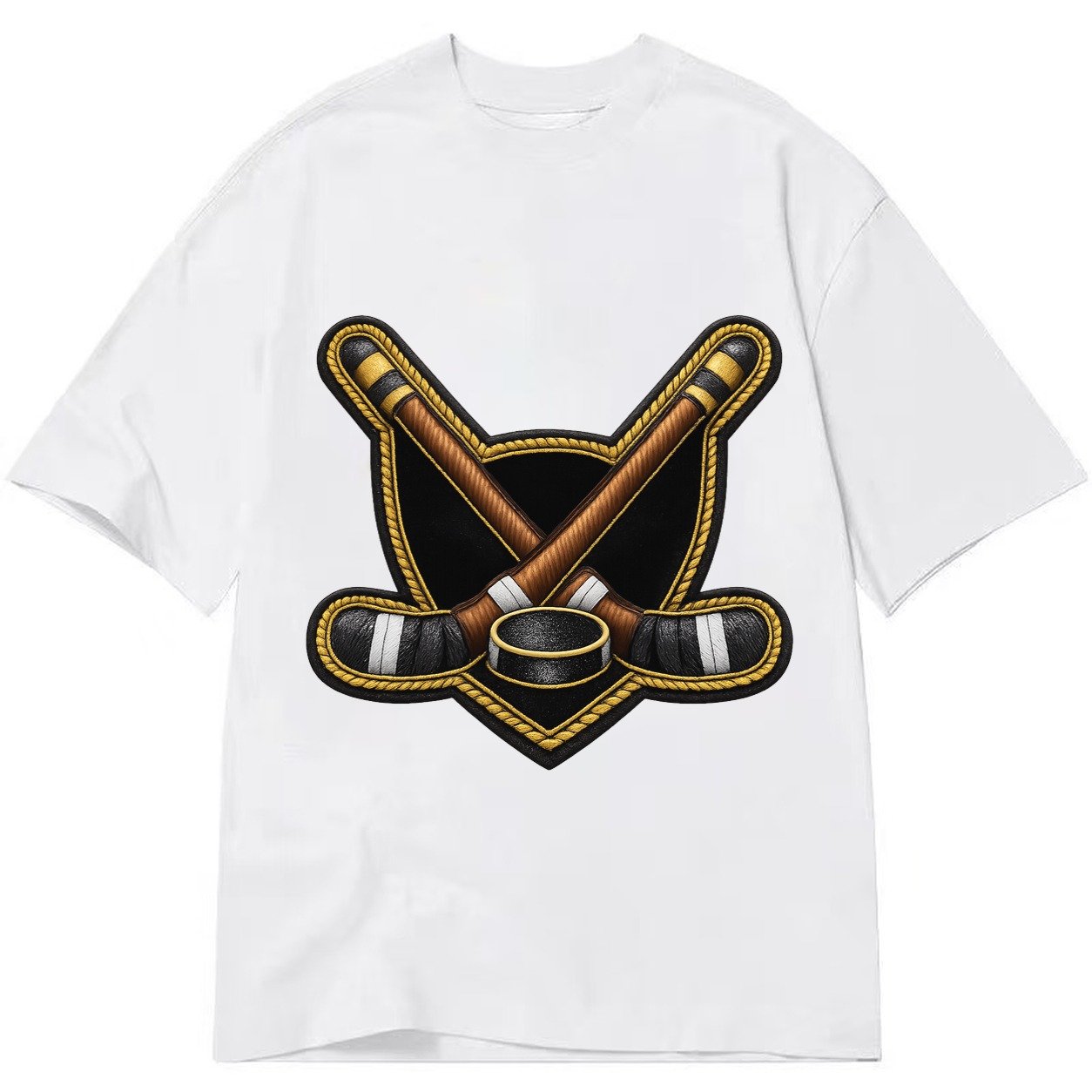 Embroidered Patch Design Hockey Crossed Sticks Ice Hockey St Classic T-shirt – White