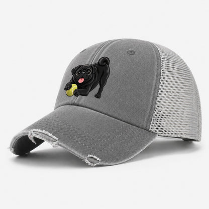 Black Pug with Tennis Ball Washed Trucker Hat – Grey