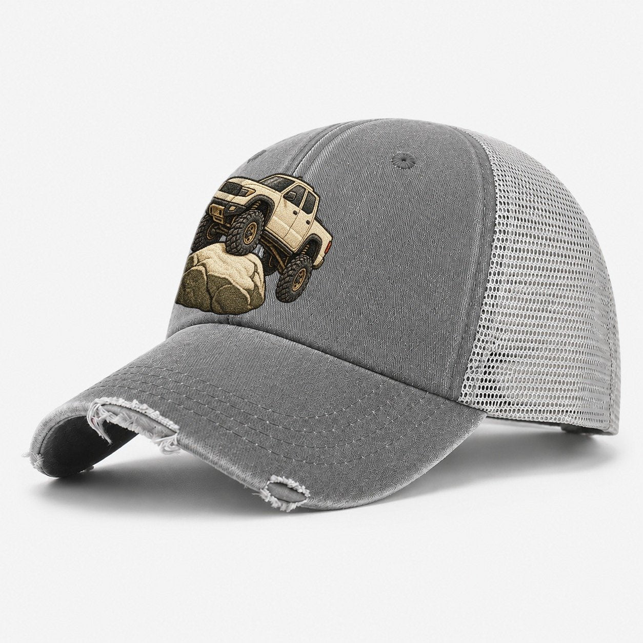 Lifted Pickup On A Boulder Off Roading And Overlanding Washed Trucker Hat – Grey