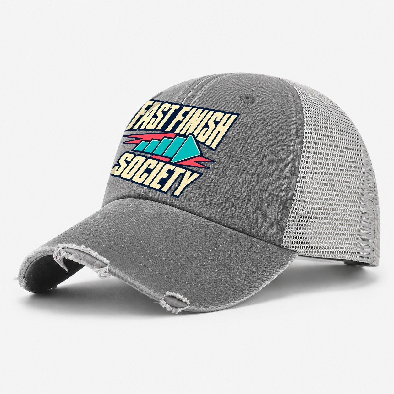 Fast Finish Society 90S Running Clubs Washed Trucker Hat – Grey